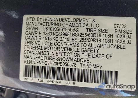 2023 Honda Pilot Awd Lx из США, поврежденный, VIN 5FNYG1H20PB050578